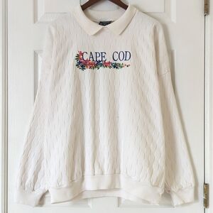 Cottontops 90's Vintage Cape Cod Floral Embroidered Collared Sweatshirt Cream L